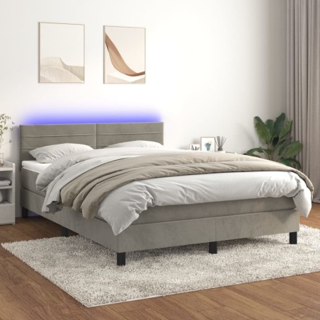 vidaXL Cama box spring colchón y LED terciopelo gris claro 140x200 cm