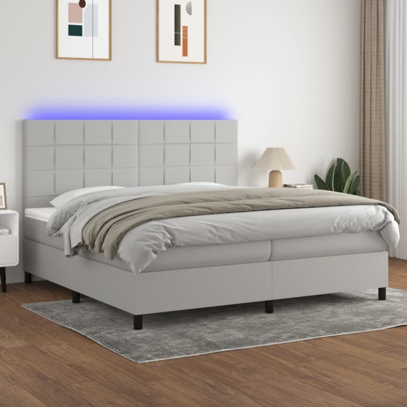 vidaXL Cama box spring con colchón tela y LED gris claro 200x200 cm vidaXL Cama box spring con colchón tela y LED gris claro 200x200 cm