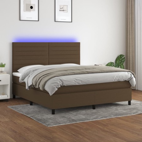 vidaXL Cama box spring colchón luces LED tela marrón oscuro 180x200cm