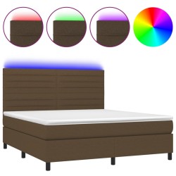 vidaXL Cama box spring colchón luces LED tela marrón oscuro 180x200cm