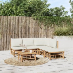 vidaXL Set de muebles de jardín 6 piezas bambú y cojines blanco crema