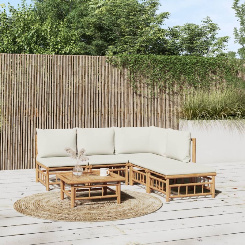 vidaXL Set de muebles de jardín 6 piezas bambú y cojines blanco crema