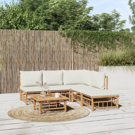 vidaXL Set de muebles de jardín 6 piezas bambú y cojines blanco crema