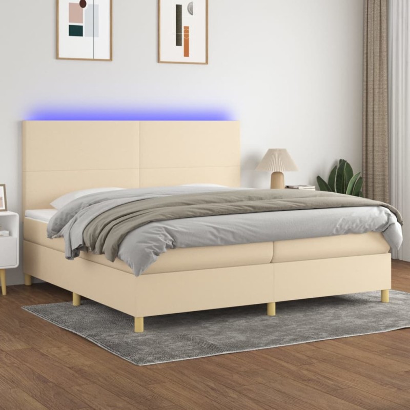 vidaXL Cama box spring colchón y luces LED tela crema 200x200 cm vidaXL Cama box spring colchón y luces LED tela crema 200x200 cm
