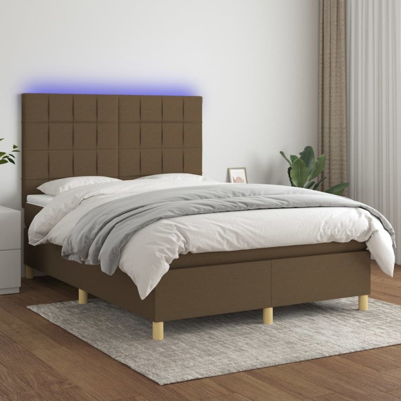 vidaXL Cama box spring colchón luces LED tela marrón oscuro 140x200cm vidaXL Cama box spring colchón luces LED tela marrón oscuro 140x200cm