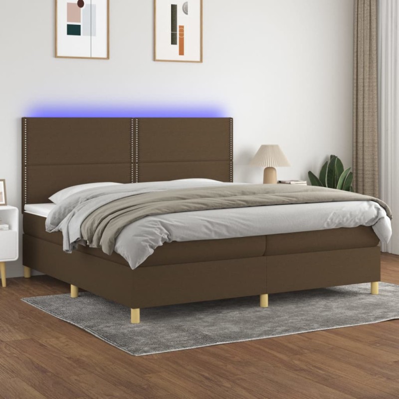 vidaXL Cama box spring colchón luces LED tela marrón oscuro 200x200 cm vidaXL Cama box spring colchón luces LED tela marrón oscuro 200x200 cm