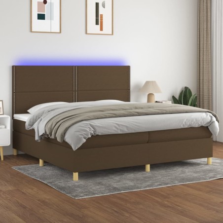 vidaXL Cama box spring colchón luces LED tela marrón oscuro 200x200 cm