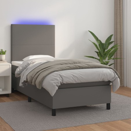 vidaXL Cama box spring y colchón LED cuero sintético gris 90x190 cm