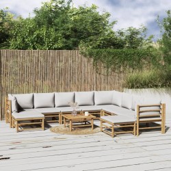 vidaXL Set de muebles de jardín 11 piezas bambú y cojines gris claro