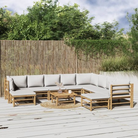 vidaXL Set de muebles de jardín 11 piezas bambú y cojines gris claro
