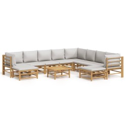 vidaXL Set de muebles de jardín 11 piezas bambú y cojines gris claro