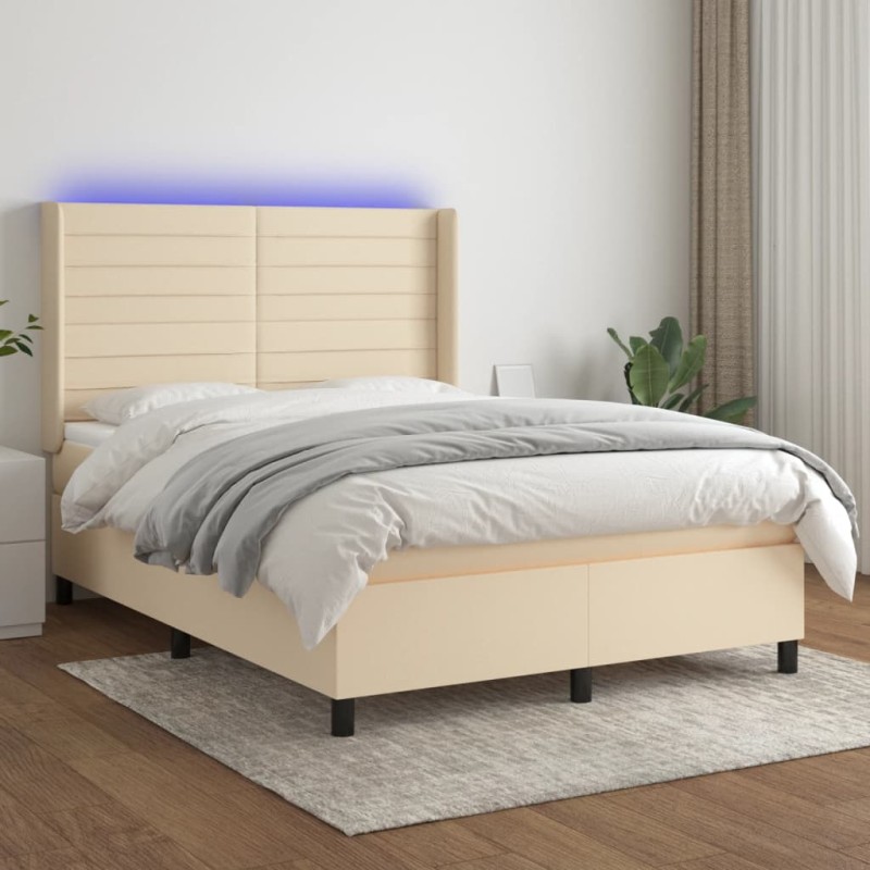 vidaXL Cama box spring colchón y luces LED tela crema 140x190 cm vidaXL Cama box spring colchón y luces LED tela crema 140x190 cm
