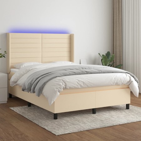 vidaXL Cama box spring colchón y luces LED tela crema 140x190 cm