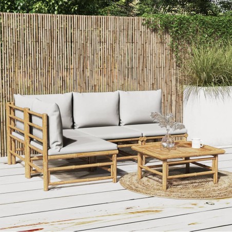 vidaXL Set de muebles de jardín 5 piezas bambú y cojines gris claro