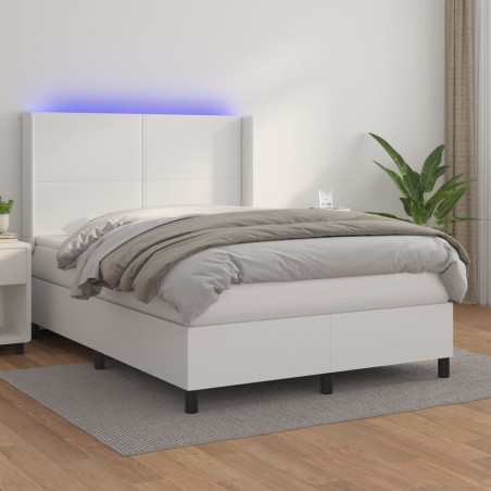 vidaXL Cama box spring colchón y LED cuero sintético blanco 140x190 cm