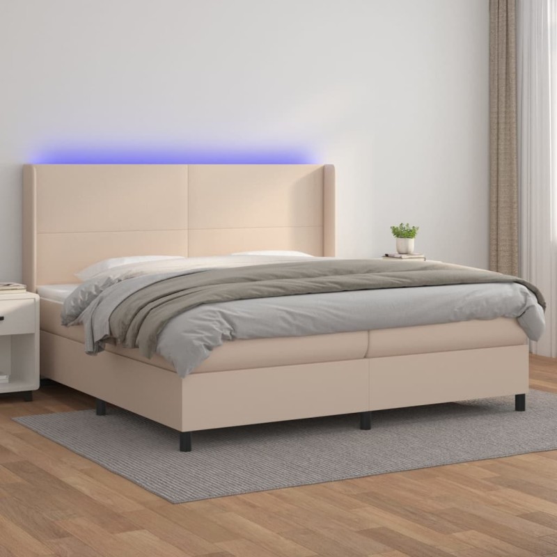 vidaXL Cama box spring colchón LED cuero sintético capuchino 200x200cm vidaXL Cama box spring colchón LED cuero sintético capuchino 200x200cm
