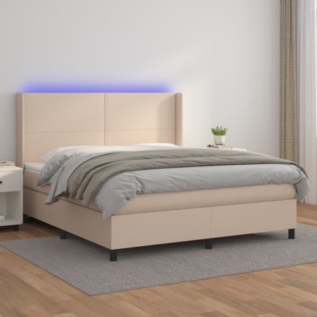 vidaXL Cama box spring colchón LED cuero sintético capuchino 160x200cm