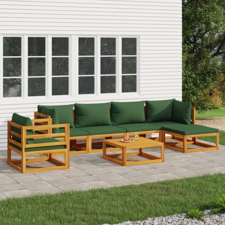 vidaXL Juego muebles de jardín 7 piezas madera maciza y cojines verdes