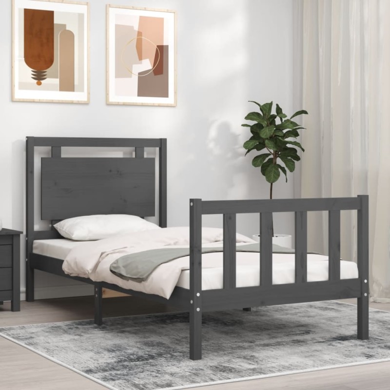 vidaXL Estructura de cama con cabecero madera maciza gris 90x200 cm vidaXL Estructura de cama con cabecero madera maciza gris 90x200 cm