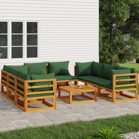 vidaXL Juego muebles de jardín 9 piezas madera maciza y cojines verdes