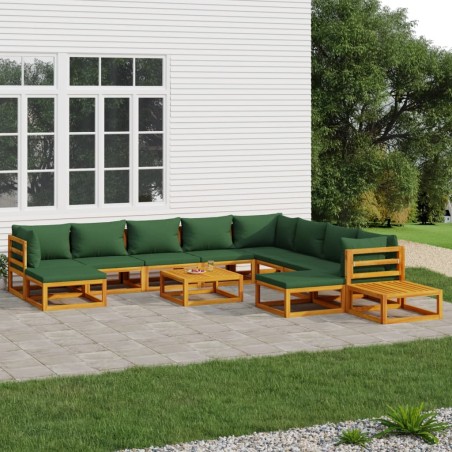 vidaXL Juego muebles de jardín 12 pzas madera maciza y cojines verdes