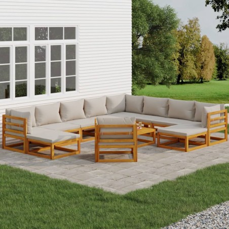 vidaXL Set muebles jardín 12 pzas madera maciza y cojines gris claro