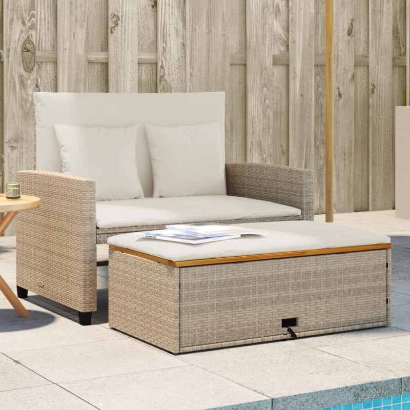 vidaXL Sofá de jardín con cojines 2 plazas ratán y madera acacia beige vidaXL Sofá de jardín con cojines 2 plazas ratán y madera acacia beige