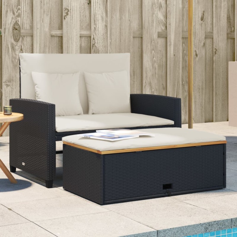 vidaXL Sofá de jardín con cojines 2 plazas ratán y madera acacia negro vidaXL Sofá de jardín con cojines 2 plazas ratán y madera acacia negro