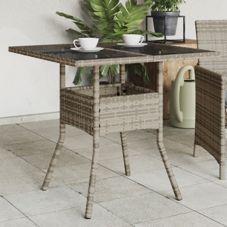 vidaXL Mesa de jardín superficie de vidrio ratán PE gris 80x80x75 cm