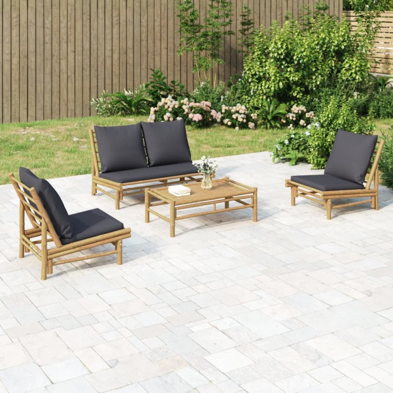 vidaXL Set de muebles de jardín 4 piezas bambú con cojines gris oscuro