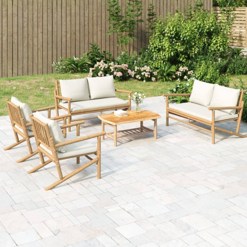 vidaXL Set de muebles de jardín 5 piezas bambú y cojines blanco crema vidaXL Set de muebles de jardín 5 piezas bambú y cojines blanco crema