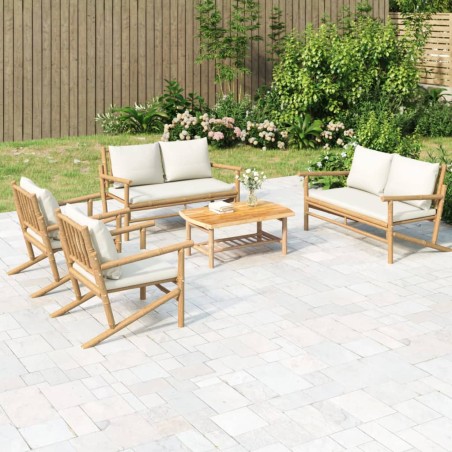 vidaXL Set de muebles de jardín 5 piezas bambú y cojines blanco crema
