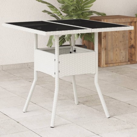 vidaXL Mesa de jardín superficie de vidrio ratán PE blanco 80x80x75 cm