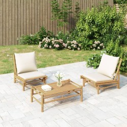 vidaXL Set de muebles de jardín 3 piezas bambú y cojines blanco crema