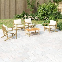vidaXL Set de muebles de jardín 5 piezas bambú y cojines blanco crema