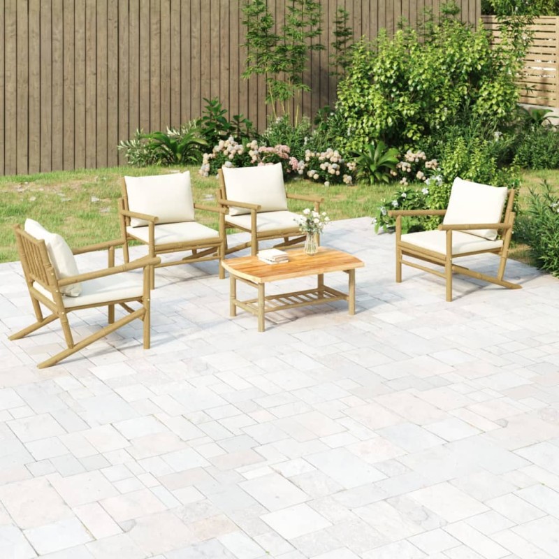 vidaXL Set de muebles de jardín 5 piezas bambú y cojines blanco crema vidaXL Set de muebles de jardín 5 piezas bambú y cojines blanco crema