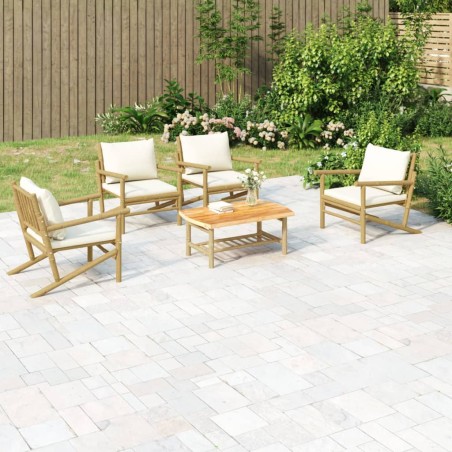 vidaXL Set de muebles de jardín 5 piezas bambú y cojines blanco crema