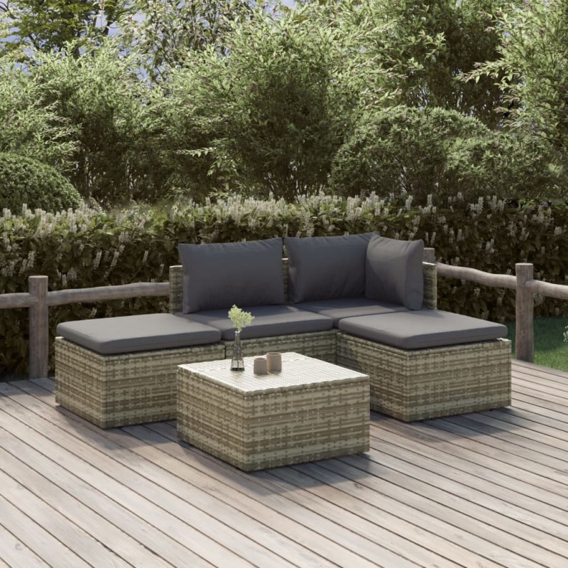 vidaXL Set de muebles de jardín 5 pzas y cojines ratán sintético gris vidaXL Set de muebles de jardín 5 pzas y cojines ratán sintético gris