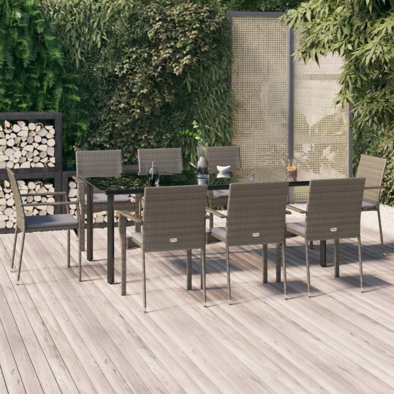 vidaXL Set comedor jardín 9 pzas y cojines ratán sintético negro gris vidaXL Set comedor jardín 9 pzas y cojines ratán sintético negro gris