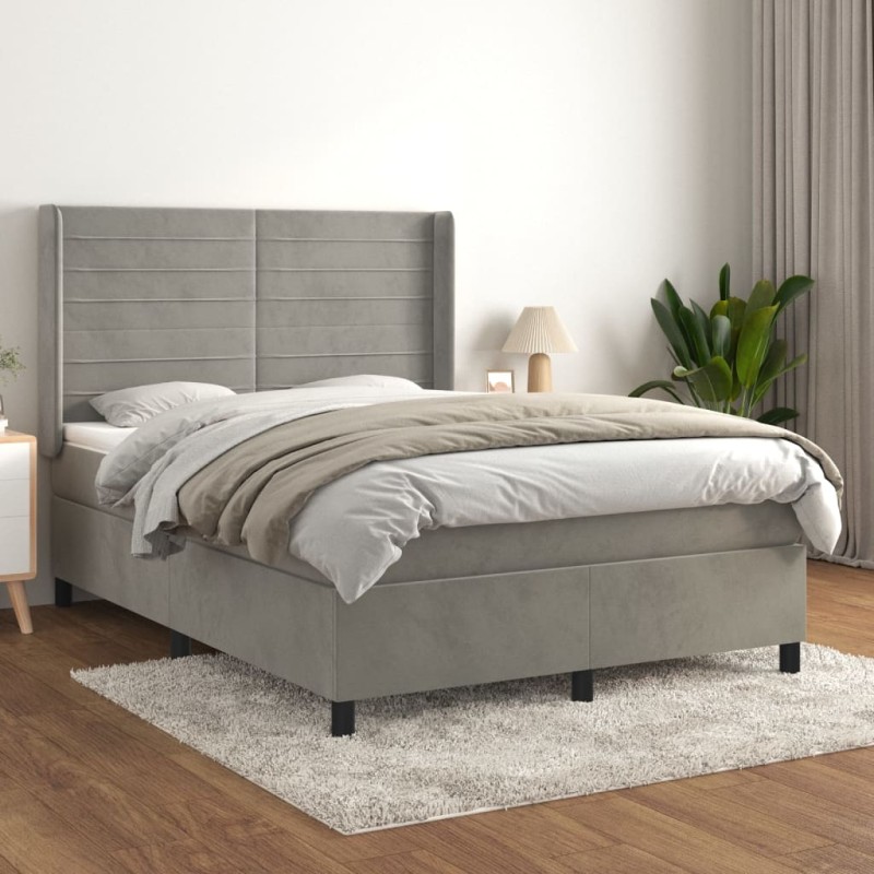 vidaXL Cama box spring con colchón terciopelo gris claro 140x200 cm