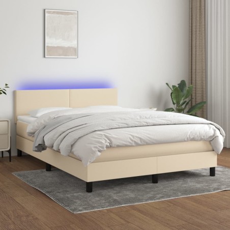 vidaXL Cama box spring con colchón y LED tela crema 140x190 cm