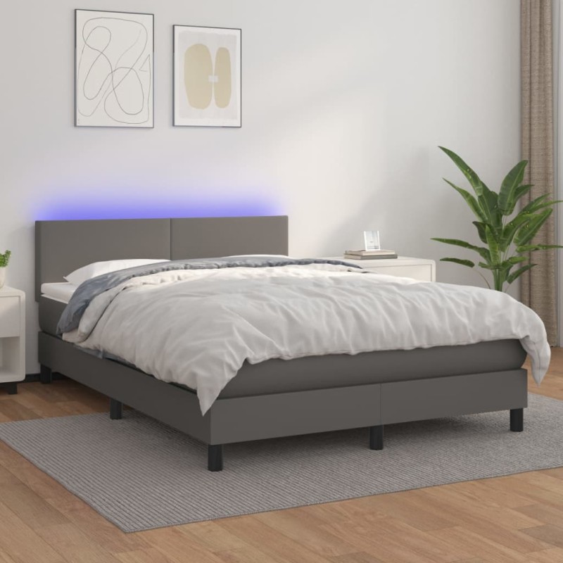 vidaXL Cama box spring colchón y LED cuero sintético gris 140x200 cm vidaXL Cama box spring colchón y LED cuero sintético gris 140x200 cm