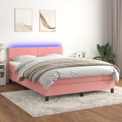 vidaXL Cama box spring colchón y LED terciopelo rosa 140x190 cm