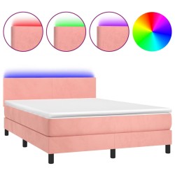 vidaXL Cama box spring colchón y LED terciopelo rosa 140x190 cm