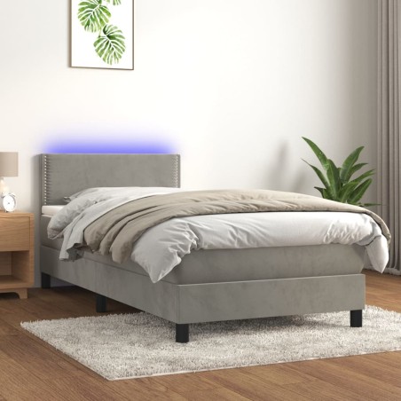 vidaXL Cama box spring colchón y LED terciopelo gris claro 90x190 cm