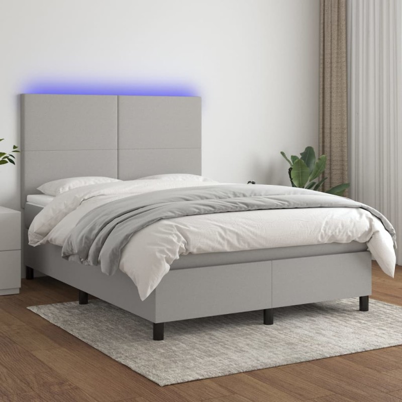 vidaXL Cama box spring colchón y luces LED tela gris claro 140x200 cm vidaXL Cama box spring colchón y luces LED tela gris claro 140x200 cm