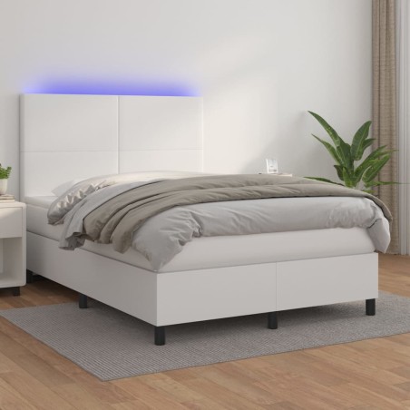 vidaXL Cama box spring colchón y LED cuero sintético blanco 140x190 cm