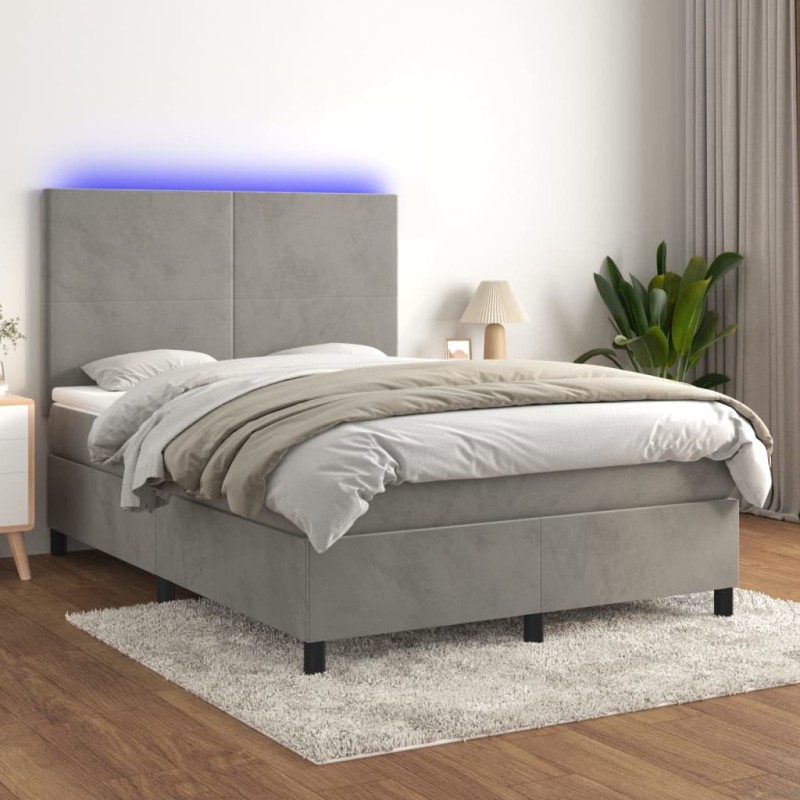 vidaXL Cama box spring colchón y LED terciopelo gris claro 140x190 cm vidaXL Cama box spring colchón y LED terciopelo gris claro 140x190 cm