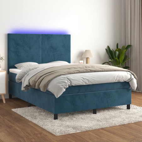 vidaXL Cama box spring colchón y LED terciopelo azul oscuro 140x200 cm