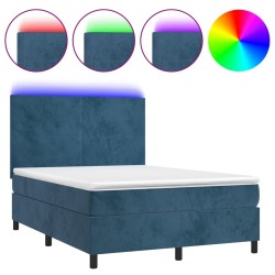 vidaXL Cama box spring colchón y LED terciopelo azul oscuro 140x200 cm
